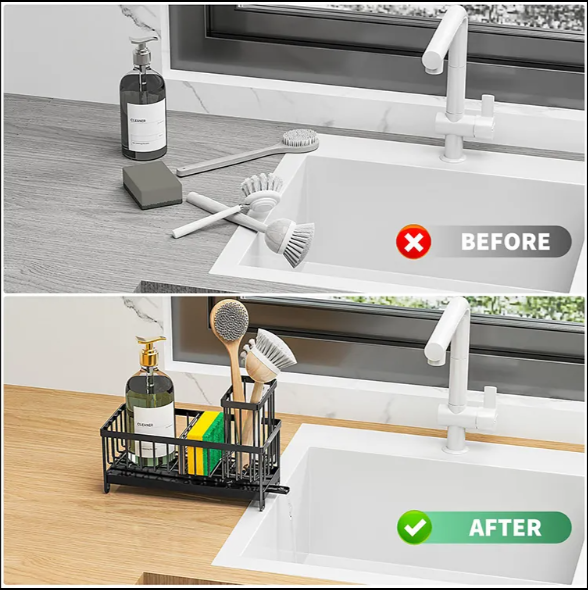 Sink Organizer – Keeps Countertops Dry, Stores Sponges, Soap, and Brushes, Perfect for Kitchen and Bathroom Use