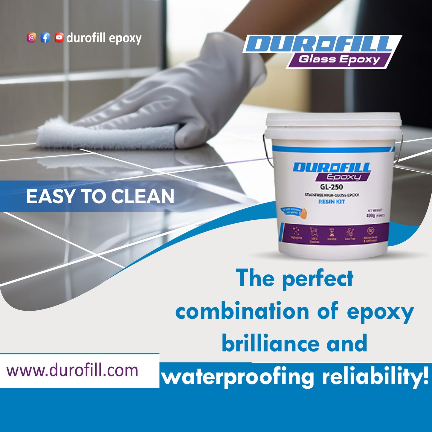 Durofill GL250 Glass Epoxy Resin Kit – Waterproof Tile Joint Made Easy (Recommended for Floor Use)