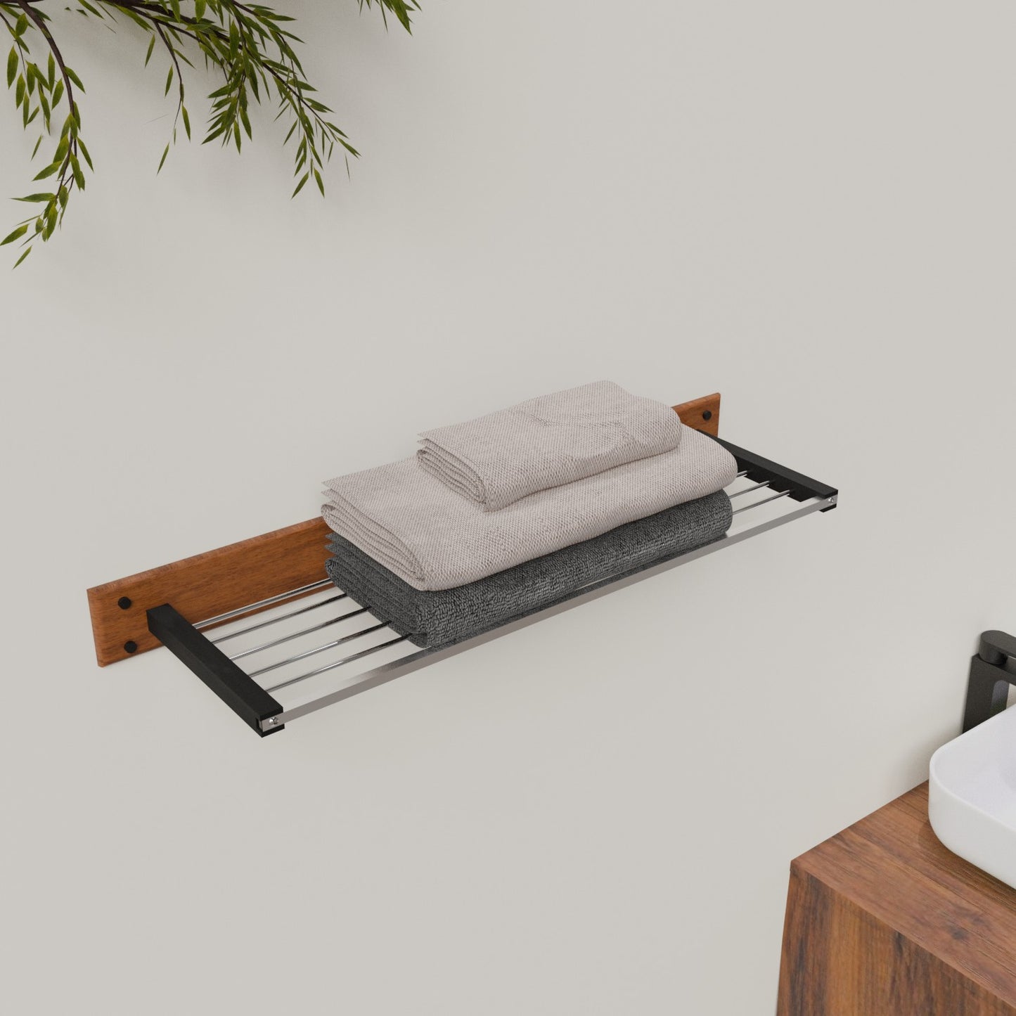 Geeth Influence Wooden Towel Rack with Stainless Steel Rails 600 MM:7023 WBS